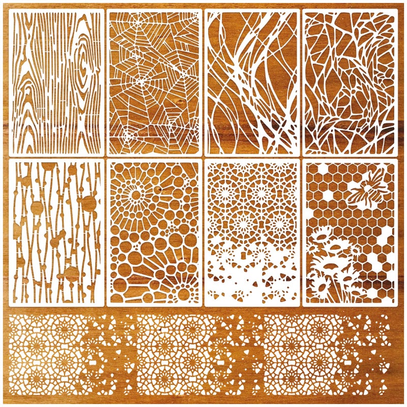 Boqon 8 Pieces Stencils for Crafts Reusable Texture Spider Stencils Net Wood Grain Stone Spray Paint Layering Stencil Templates for DIY Scrapbook - Image 1